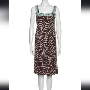 Tory Burch Silk Dress, Size M, Brown Bold Leaf Print, A-Line, Bead Embellished